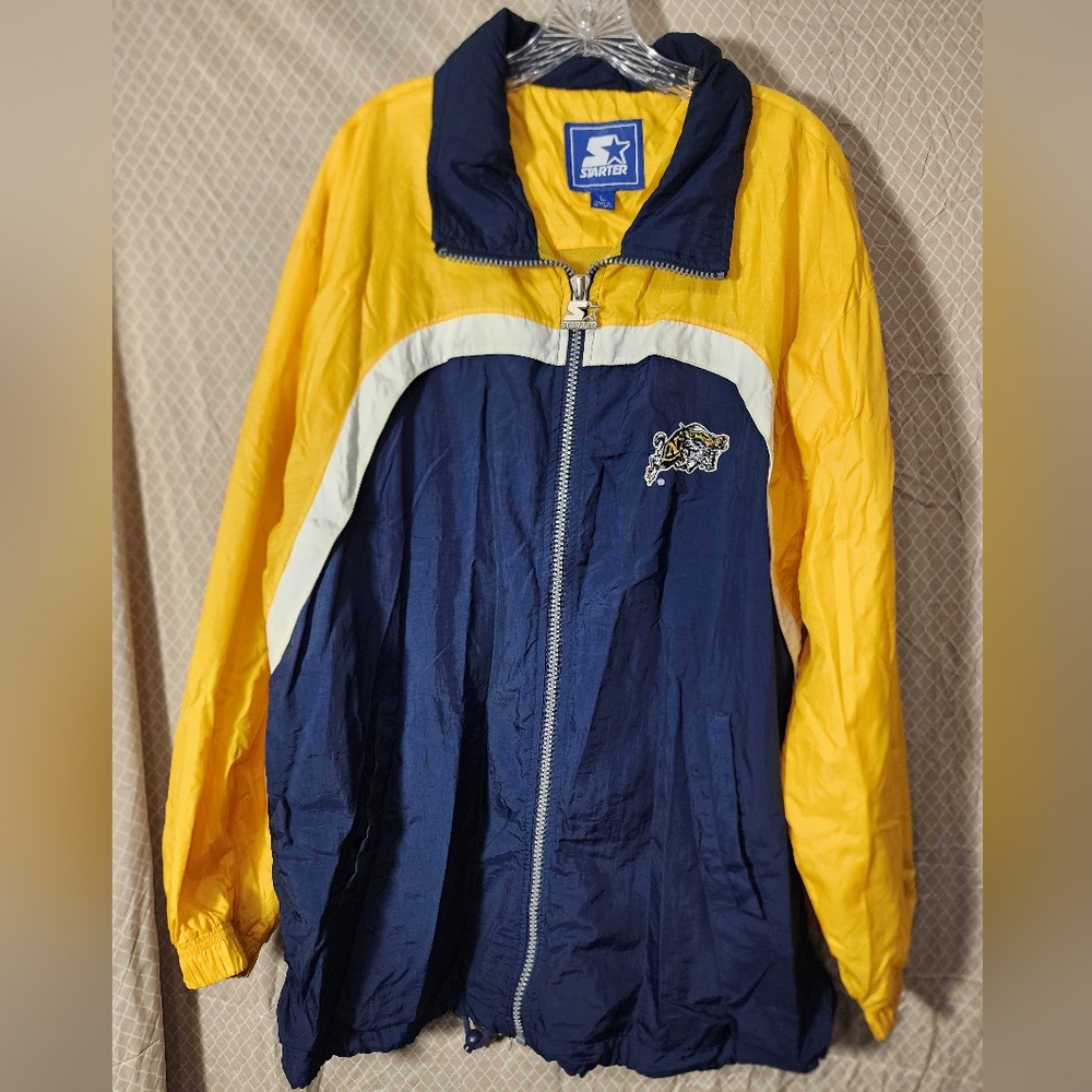 Vintage STARTER Navy Football Windbreaker Rain Jacket Zip In Hood Men's Large